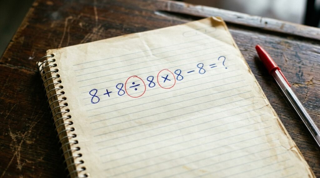 Caderno escolar com a expressão 8 + 8 ÷ 8 × 8 − 8 = ? escrita em azul, destacando os sinais de divisão e multiplicação em vermelho, sem revelar o resultado. - Imagem ilustrativa criada por inteligência artificial