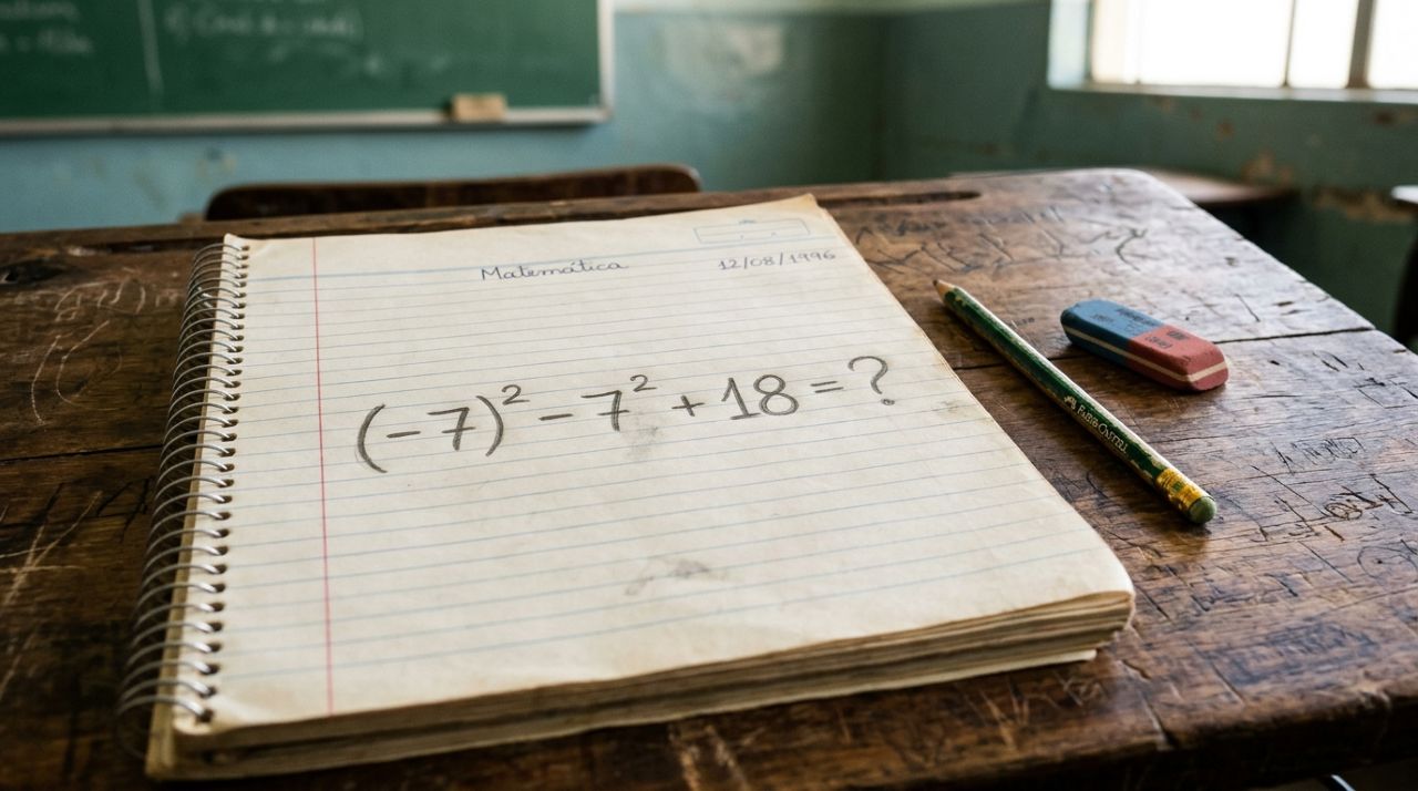 Quem estudou matemática nos anos 80 e 90 consegue resolver (−7)² − 7² + 18 sem confundir os sinais?