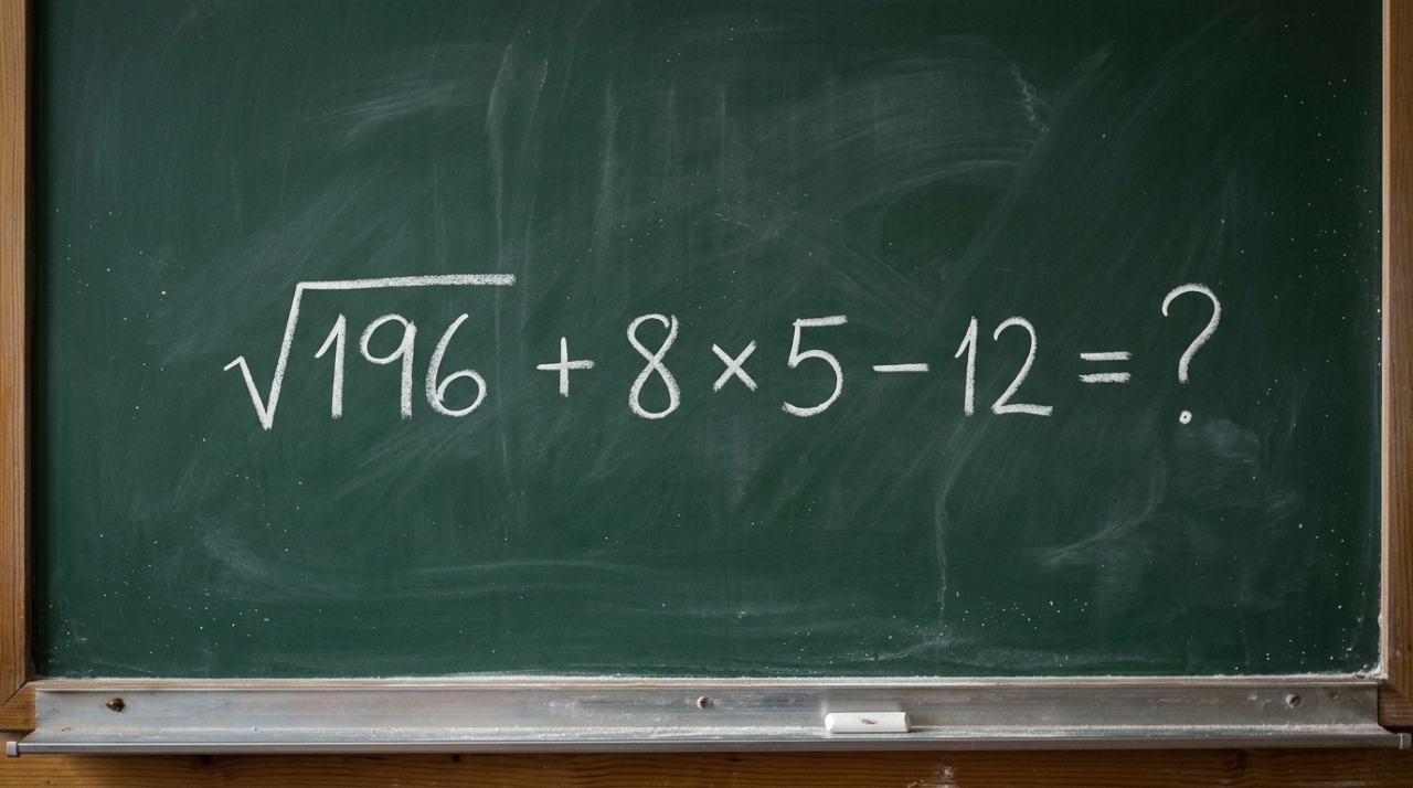 Quadro-negro escolar com a expressão √196 + 8 × 5 − 12 = ? escrita em giz branco, apresentando um desafio de cálculo mental com raiz quadrada. - Imagem ilustrativa criada por inteligência artificial