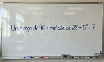 Um terço de 90 + metade de 28 − 5² parece fácil, mas exige três habilidades que aprendemos na escola