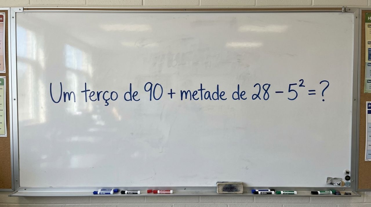 Um terço de 90 + metade de 28 − 5² parece fácil, mas exige três habilidades que aprendemos na escola