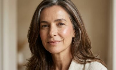 Mulher madura de 58 anos com maquiagem natural, pele luminosa, linhas de expressão preservadas, blush rosado suave e acabamento leve. - Imagem ilustrativa criada por inteligência artificial