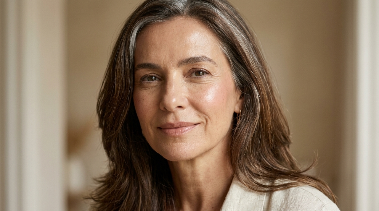 Mulher madura de 58 anos com maquiagem natural, pele luminosa, linhas de expressão preservadas, blush rosado suave e acabamento leve. - Imagem ilustrativa criada por inteligência artificial