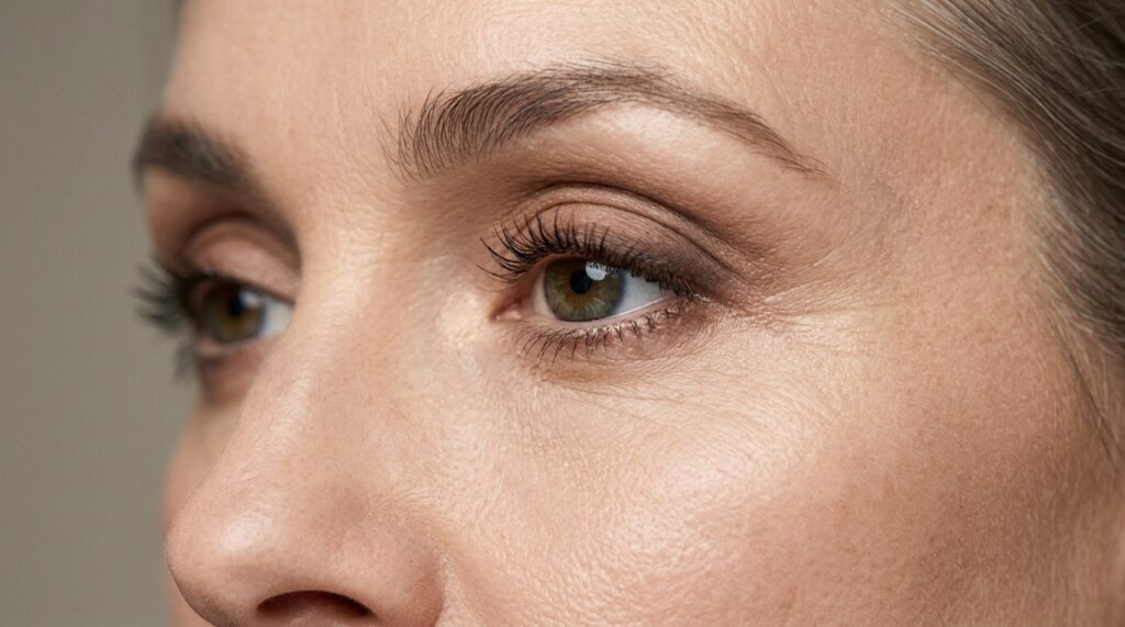 Detalhe dos olhos de uma mulher madura com sombra marrom esfumada junto aos cílios superiores, iluminação discreta no canto interno e maquiagem suave. - Imagem ilustrativa criada por inteligência artificial