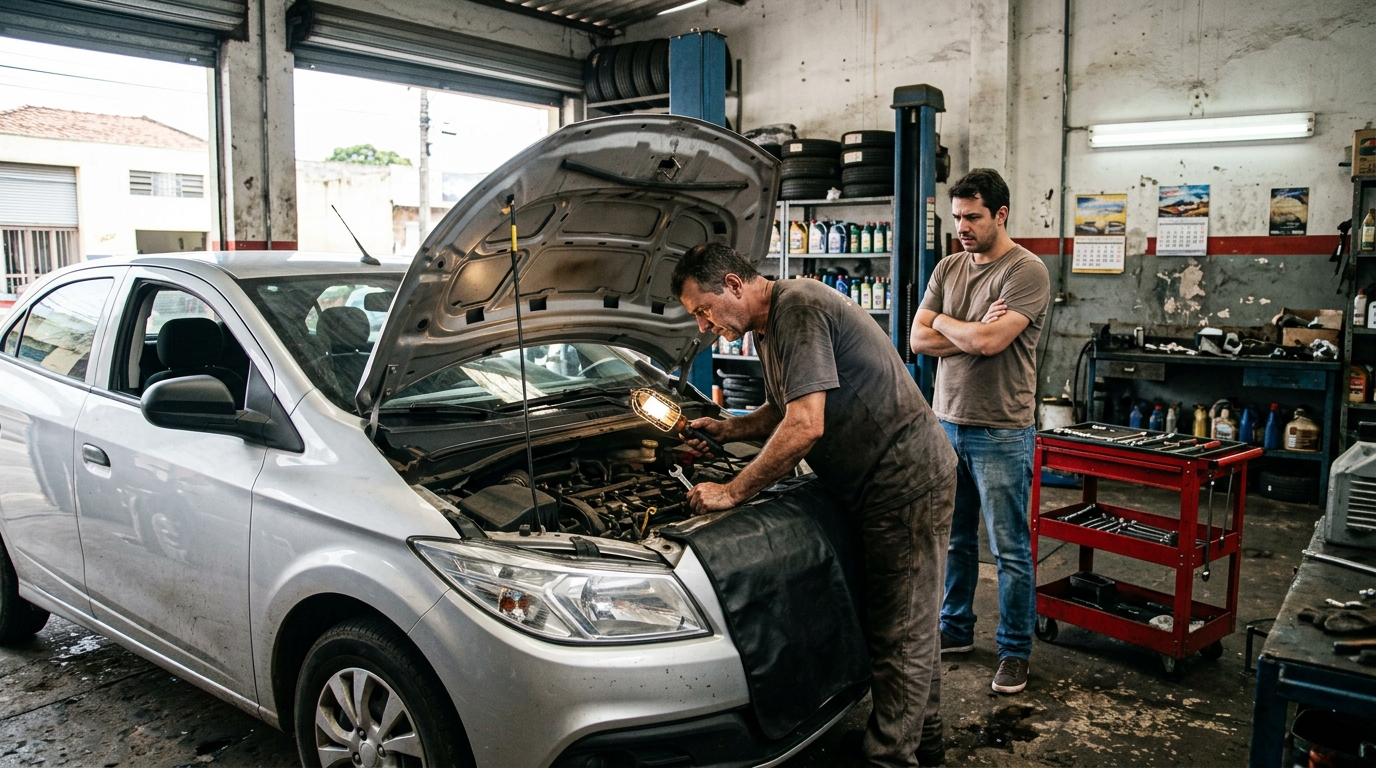 Motorista de aplicativo compra carro seminovo por R$ 56 mil, financia em 48 parcelas de R$ 1.490 e, no segundo mês, descobre que o câmbio automático precisa ser substituído. O orçamento de R$ 10 mil consome meses de lucro com as corridas, e ele precisa escolher entre consertar o veículo ou continuar pagando por um carro que não pode usar