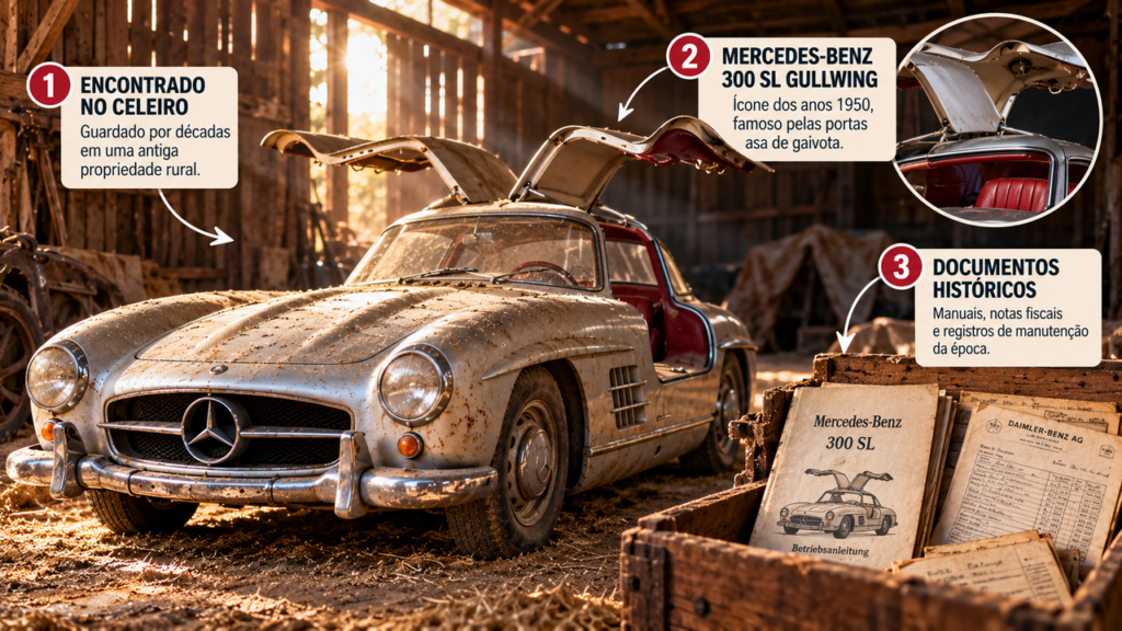 Família reformava uma antiga propriedade rural quando descobriu um Mercedes-Benz 300 SL Gullwing guardado em um celeiro lacrado, preservado por décadas e cercado por pistas sobre o passado de seu antigo proprietário