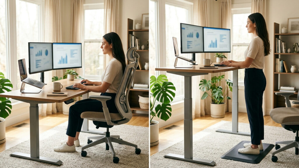 Adeus dores nas costas no home office: a nova mesa com ajuste elétrico de altura para alternar o trabalho em pé ou sentado com conforto