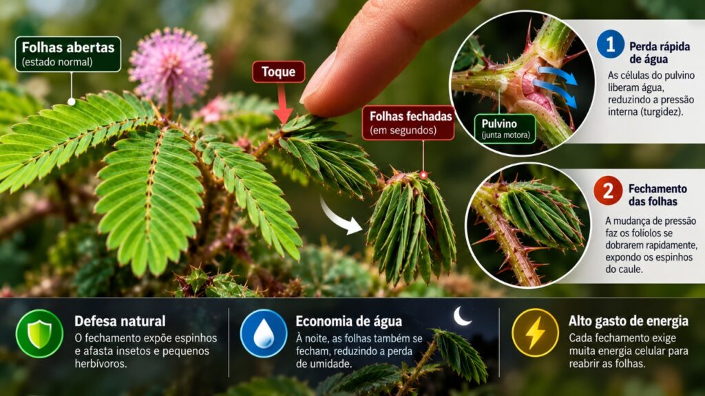 A planta que fecha suas folhas quando alguém toca nela transforma um estímulo mecânico em movimento visível, e esse comportamento levanta questões interessantes sobre a sensibilidade dos vegetais