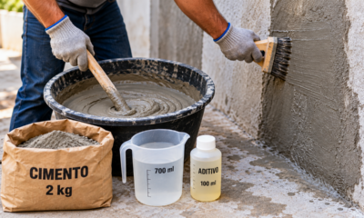 Profissionais de construção revelam mistura com 2 kg de cimento, 700 ml de água e 100 ml de aditivo para preparar superfícies e melhorar a resistência do acabamento