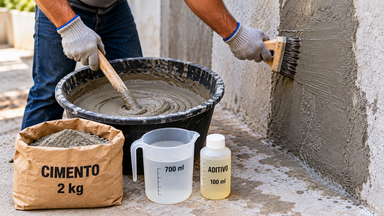 Profissionais de construção revelam mistura com 2 kg de cimento, 700 ml de água e 100 ml de aditivo para preparar superfícies e melhorar a resistência do acabamento