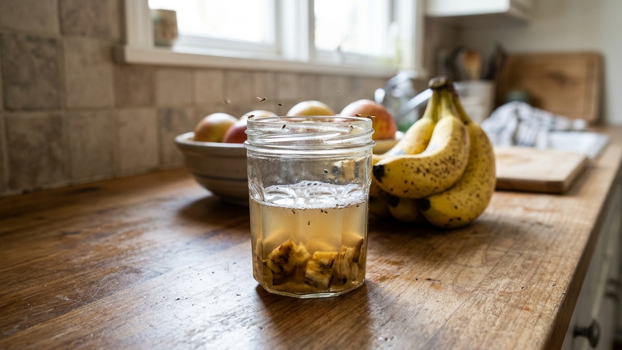 Mistura de casca de banana com detergente: a armadilha caseira simples para capturar e eliminar mosquitos-da-fruta da cozinha