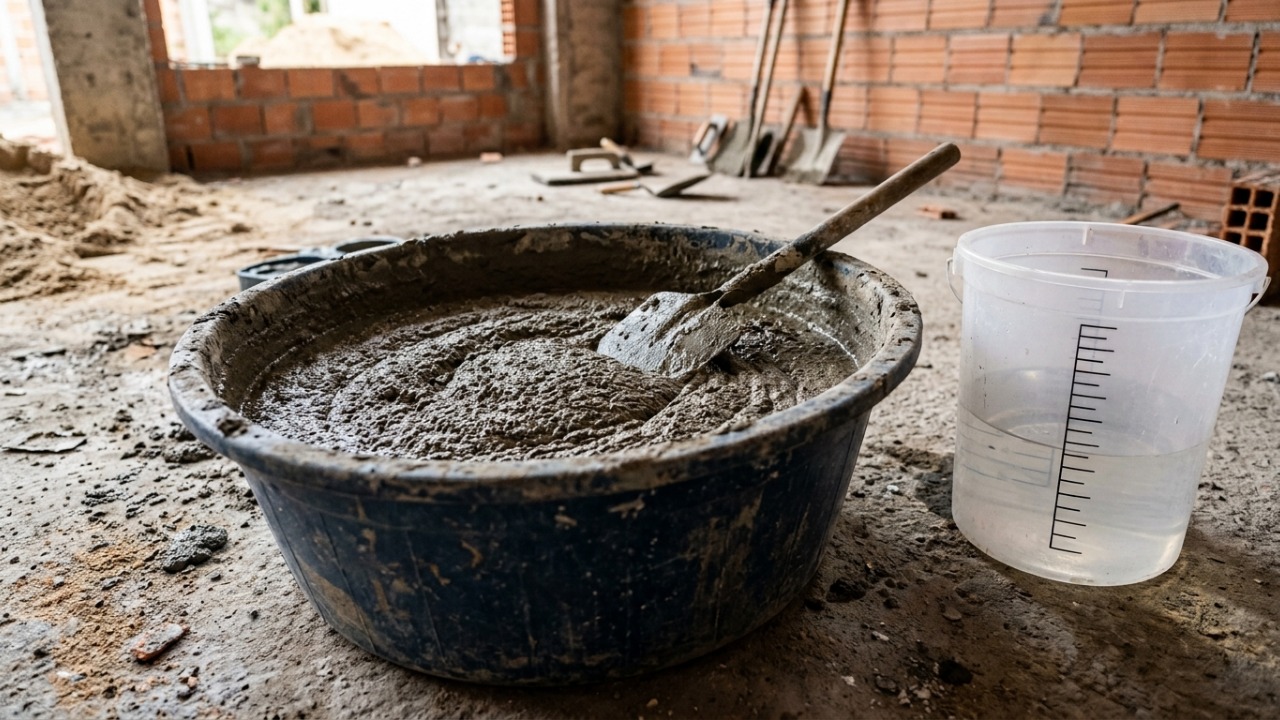 Pedreiros afirmam: “Misturar um saco de 40 kg de argamassa de reparo com cerca de 6 a 8 litros de água pode ajudar a alcançar a consistência certa para aplicação”