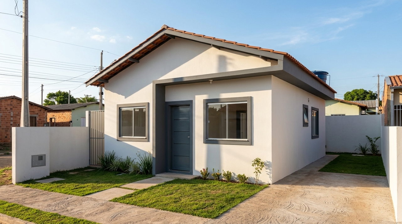 Casa compacta de 40 m² com fachada branca e cinza, telhado simples, duas janelas e pequeno quintal, representando uma construção econômica. - Imagem ilustrativa criada por inteligência artificial