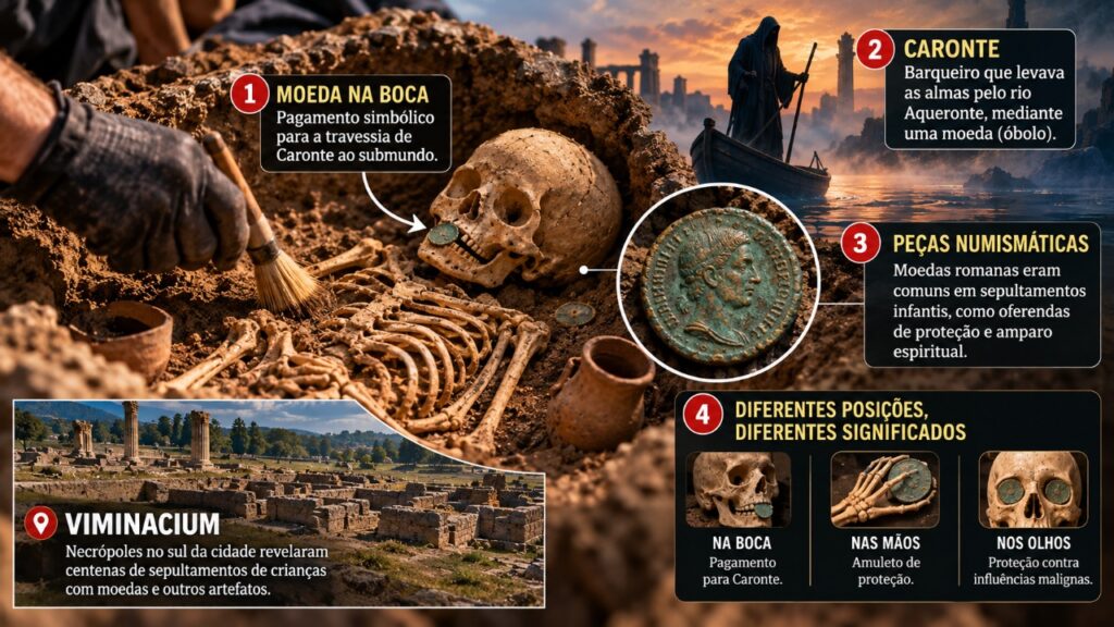 Arqueólogos encontram moeda em cima de túmulo de criança romana e sugerem que objeto seria a porta de entrada para o submundo