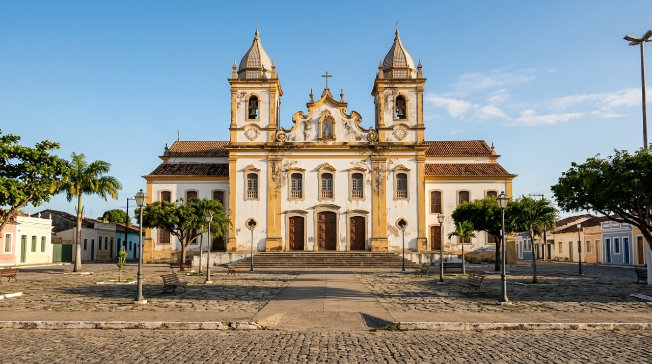 Igreja Matriz de Nossa Senhora Divina Pastora, em Sergipe, representando o feriado municipal de 14 de outubro dedicado à celebração religiosa. - Imagem ilustrativa criada por inteligência artificial