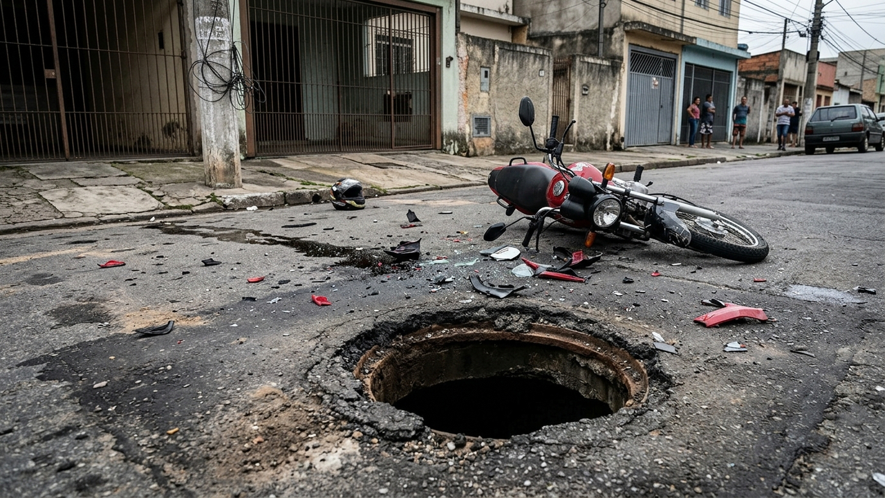 Motociclista cai em bueiro sem tampa e sem sinalização na rua, quebra a perna e Justiça obriga prefeitura a pagar R$ 40 mil em indenizações