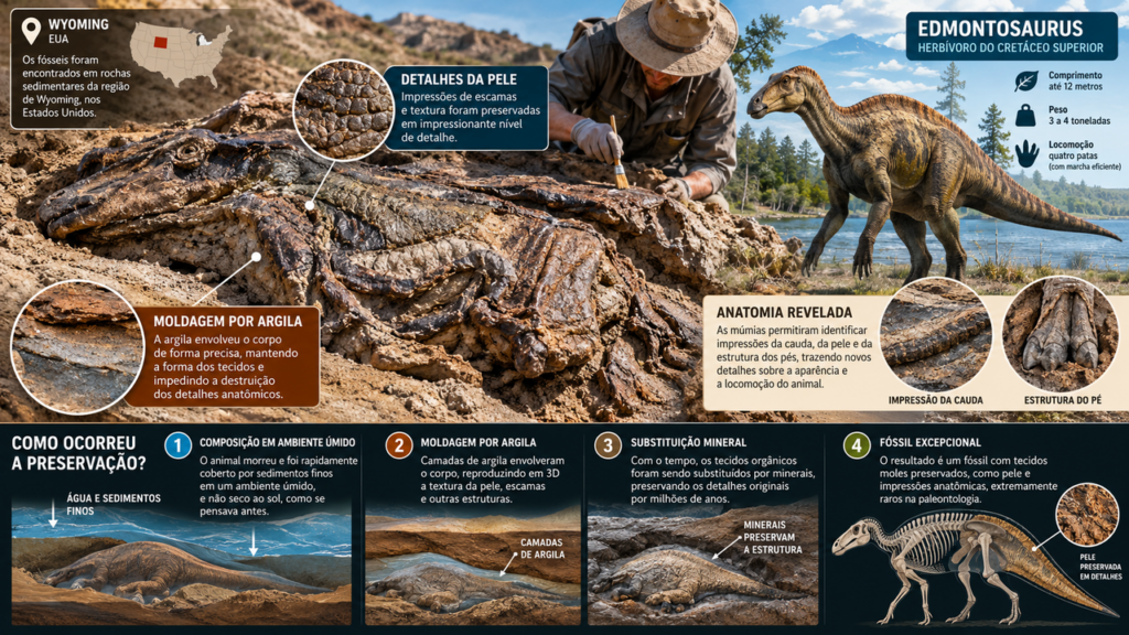 Durante 100 anos, essas “múmias” de dinossauros enganaram os cientistas, mas uma nova análise revela que seus corpos foram preservados por moldagem mineralEstudos com tecidos moles de dinossauros no Cretáceo Superior transformam a visão científica sobre o processo de fossilização e mineralização. - Imagem ilustrativa criada por inteligência artificial.