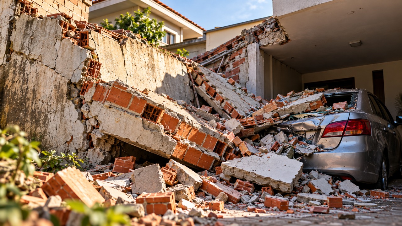 Muro do vizinho desaba sobre a garagem depois de vários dias de chuva e o proprietário culpa o temporal, mas a família apresenta imagens de rachaduras que existiam havia anos, comprova a falta de manutenção da estrutura e consegue R$ 35 mil para reparar os prejuízos