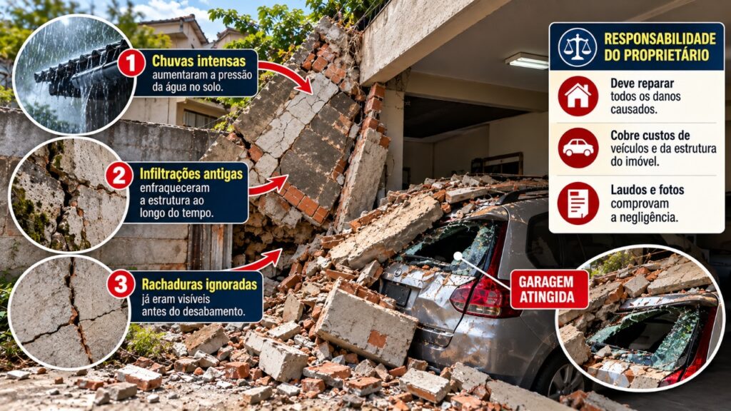 Muro do vizinho desaba sobre a garagem depois de vários dias de chuva e o proprietário culpa o temporal, mas a família apresenta imagens de rachaduras que existiam havia anos, comprova a falta de manutenção da estrutura e consegue R$ 35 mil para reparar os prejuízos