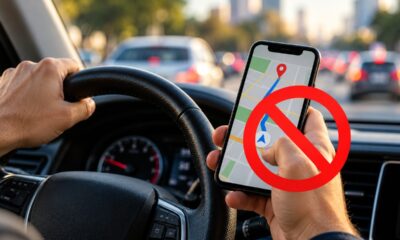 Motorista segura o celular para consultar o GPS durante uma viagem pela rodovia, é parado em uma fiscalização e descobre que o hábito pode render multa de R$ 293,47 e 7 pontos na CNH