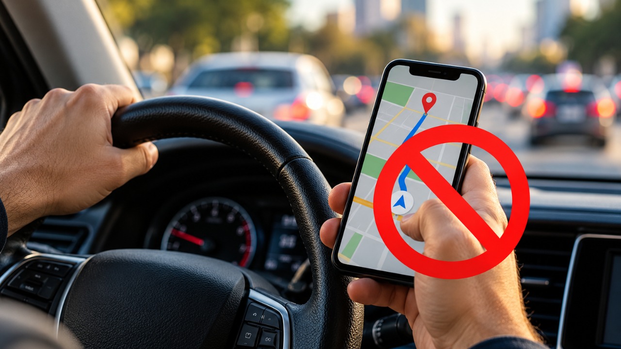 Motorista segura o celular para consultar o GPS durante uma viagem pela rodovia, é parado em uma fiscalização e descobre que o hábito pode render multa de R$ 293,47 e 7 pontos na CNH