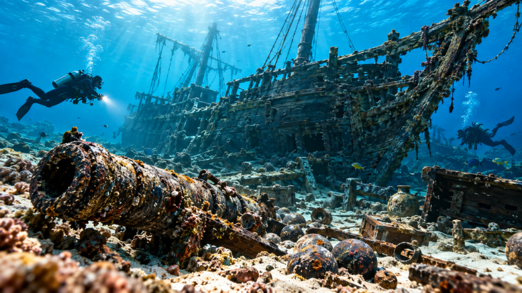 Seis navios da era dos piratas do Caribe são encontrados no fundo do mar das Bahamas com canhões, munições e artefatos preservados por séculos