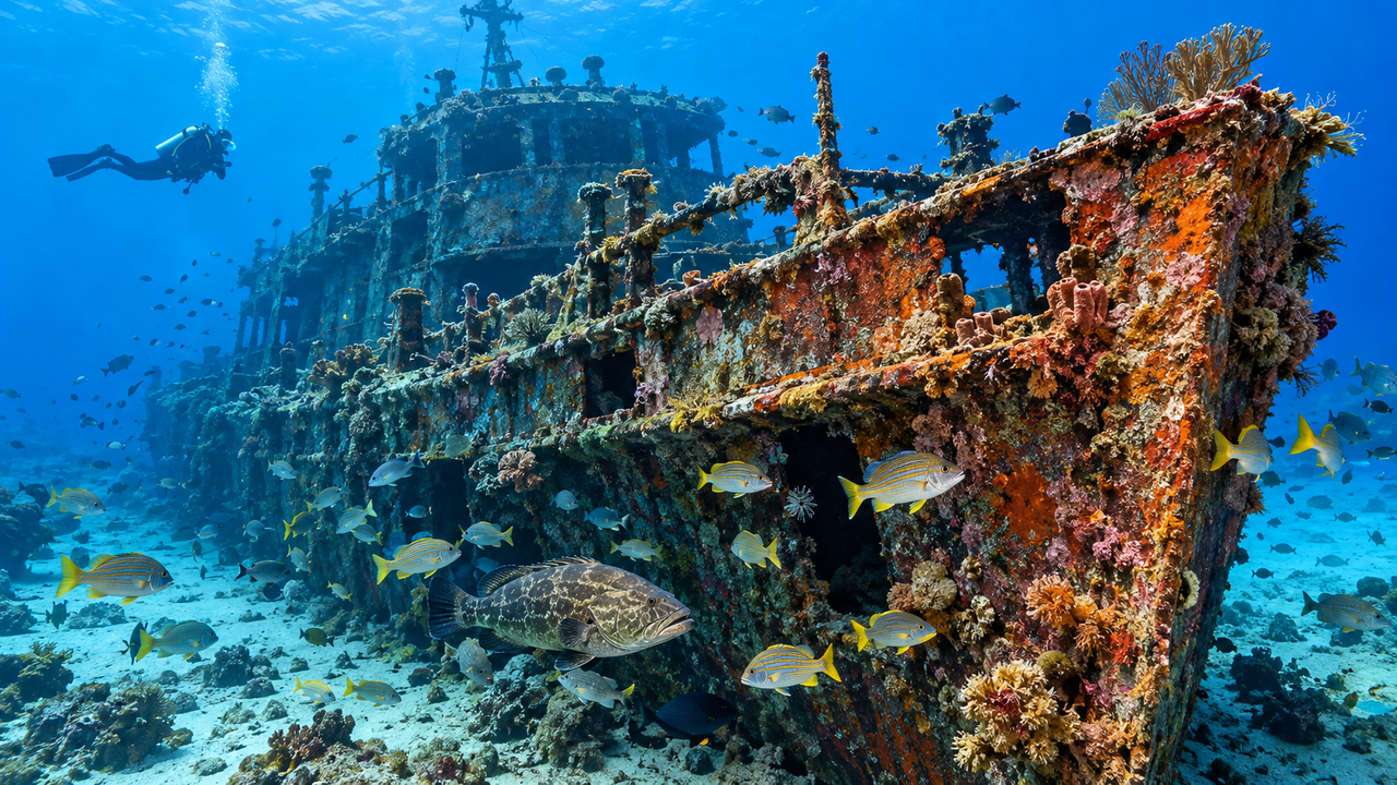 Em 1972, navios antigos foram afundados no litoral dos Estados Unidos para criar recifes artificiais e, anos depois, mergulhadores encontraram peixes e corais ocupando partes das embarcações