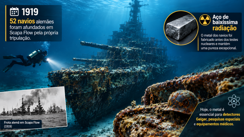 Em 1919, alemães afundaram 52 navios de guerra para impedir que fossem capturados, mas, mais de um século depois, o aço retirado do fundo do mar se tornou tão valioso que cientistas o utilizam em equipamentos de alta precisão