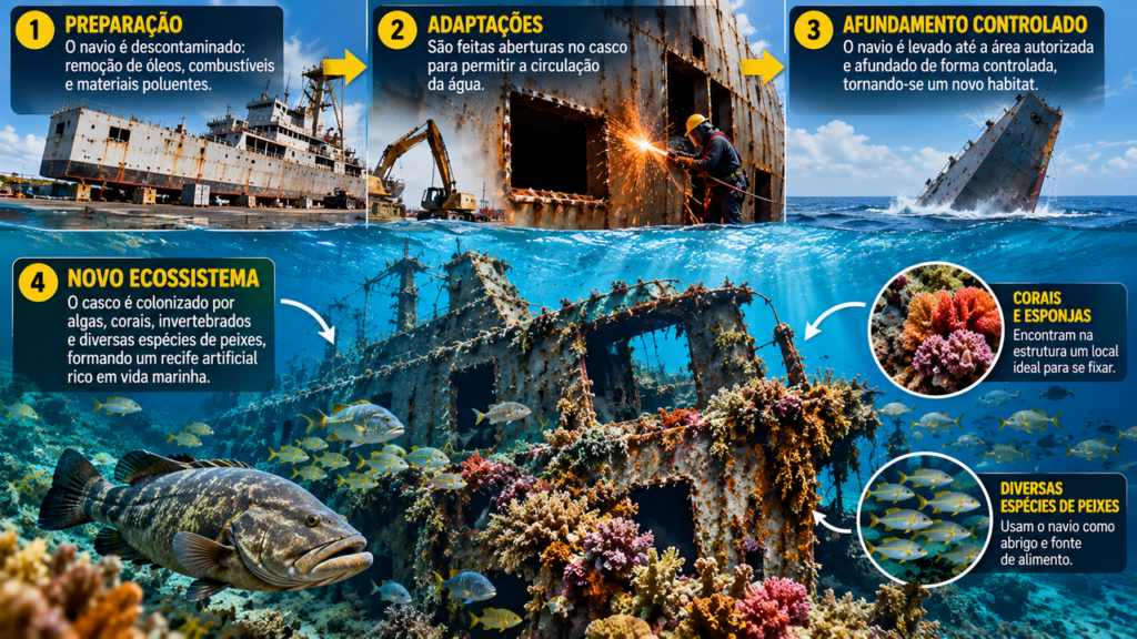 Em 1972, navios antigos foram afundados no litoral dos Estados Unidos para criar recifes artificiais e, anos depois, mergulhadores encontraram peixes e corais ocupando partes das embarcações