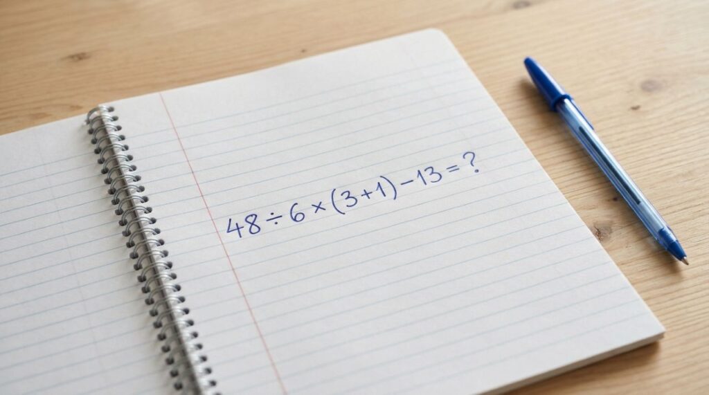 Se você aprendeu divisão e multiplicação no caderno, tente resolver 48 ÷ 6 × (3 + 1) − 13 sem errar a sequência