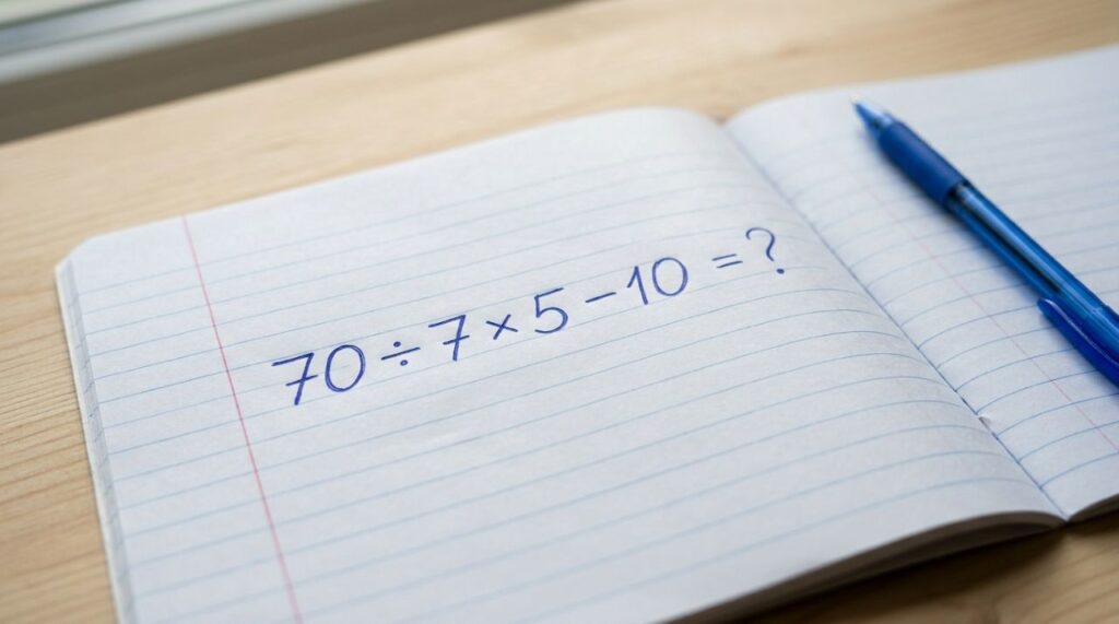 Parece uma conta de criança, mas a ordem dos sinais muda tudo: 70 ÷ 7 × 5 − 10