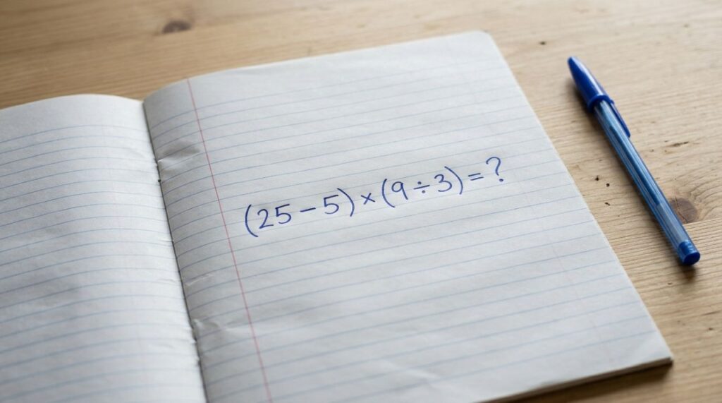Se você lembra das aulas de matemática, resolva: (25 − 5) × (9 ÷ 3)