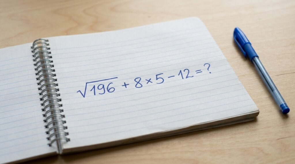 Caderno escolar aberto sobre mesa de madeira com a expressão √196 + 8 × 5 − 12 = ? escrita em caneta azul, representando um desafio de matemática sem calculadora. - Imagem ilustrativa criada por inteligência artificial
