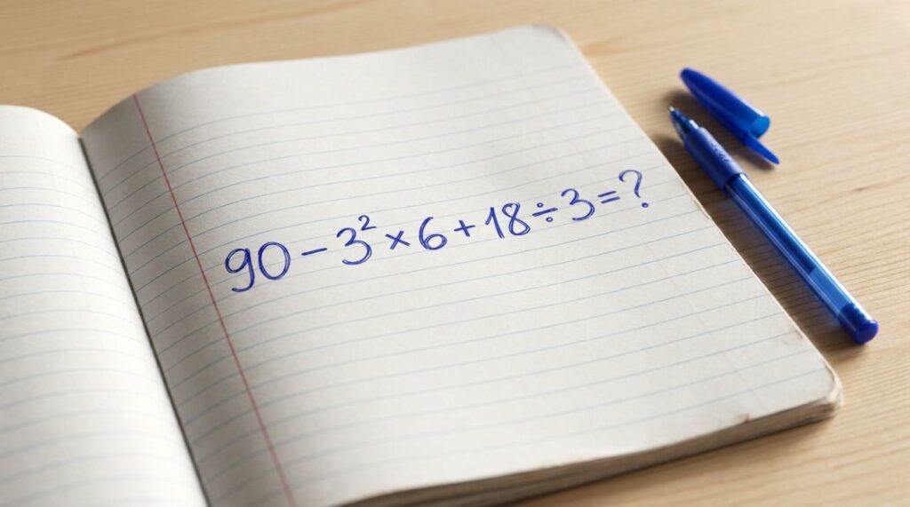 90 − 3² × 6 + 18 ÷ 3 parece uma conta simples, mas a potência pode enganar quem tenta resolver tudo de cabeça