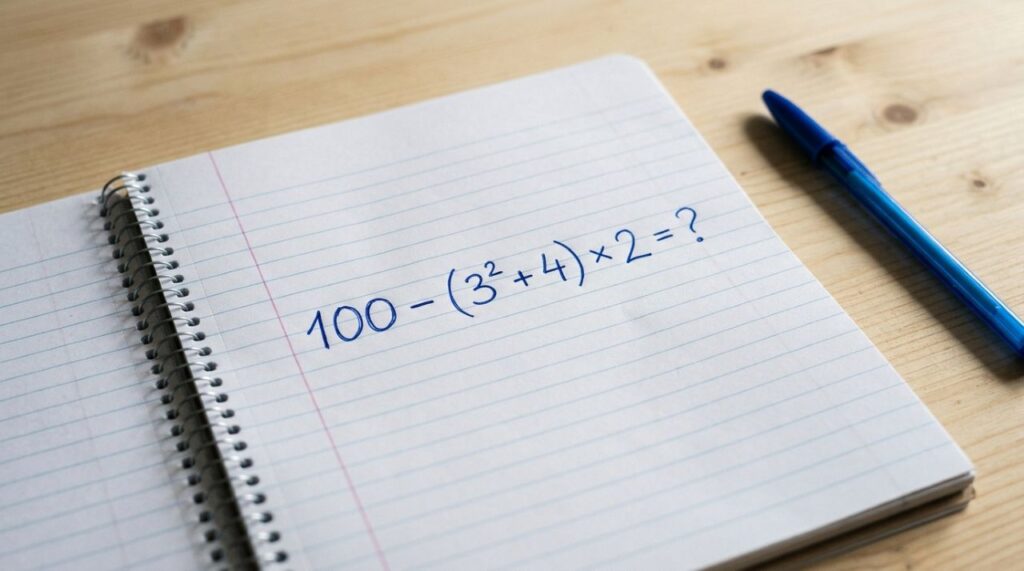 100 − (3² + 4) × 2 parece matemática básica, mas exige atenção redobrada para não errar antes de chegar à última operação