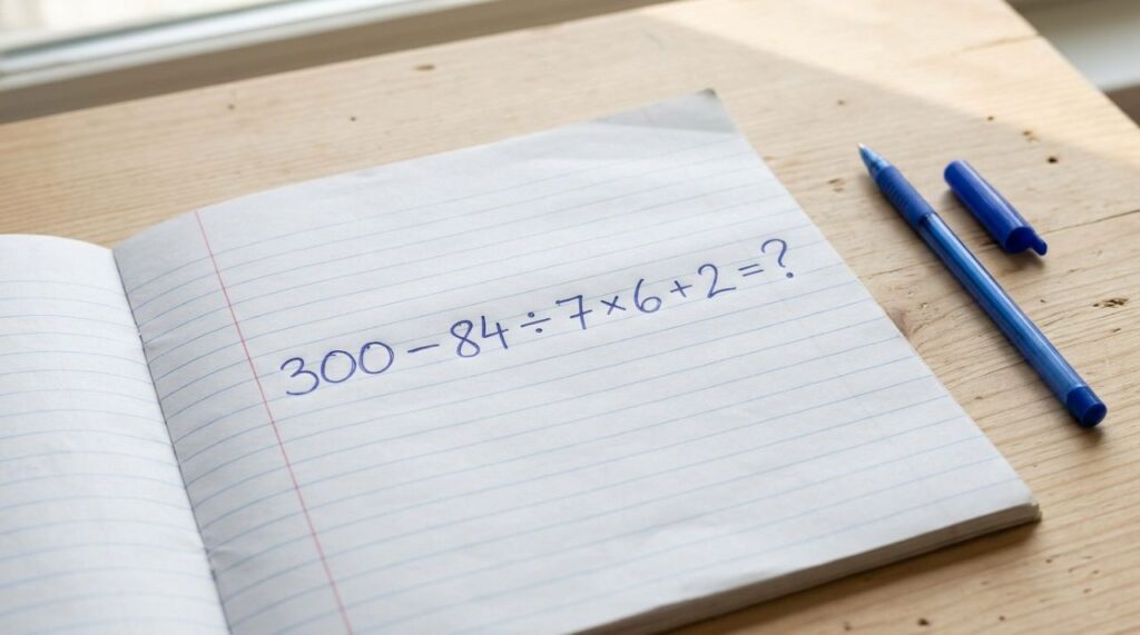 Não precisa de papel nem calculadora para resolver 300 − 84 ÷ 7 × 6 + 2, apenas atenção aos sinais