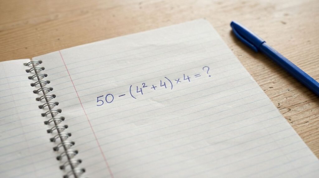 50 − (4² + 4) × 4 parece matemática básica, mas exige atenção redobrada para não errar antes de chegar à última operação
