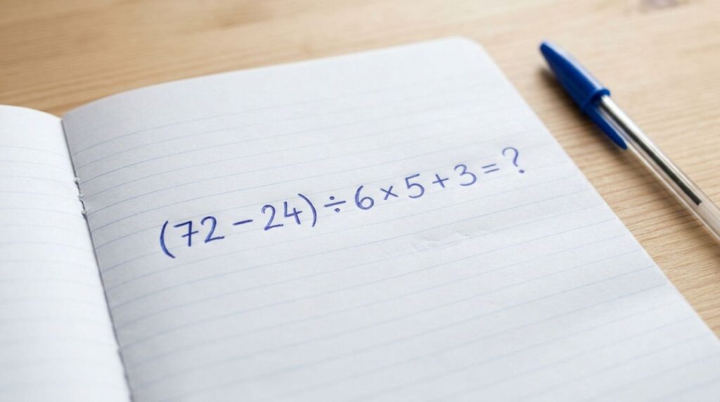 Uma conta com parênteses que parece coisa de criança desafia adultos a resolver (72 − 24) ÷ 6 × 5 + 3 em menos de 30 segundos