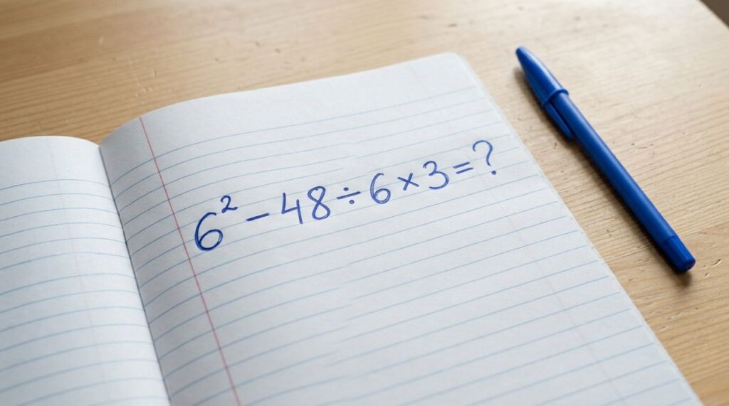 O quadrado do número 6 esconde uma pegadinha que pode confundir adultos na expressão 6² − 48 ÷ 6 × 3