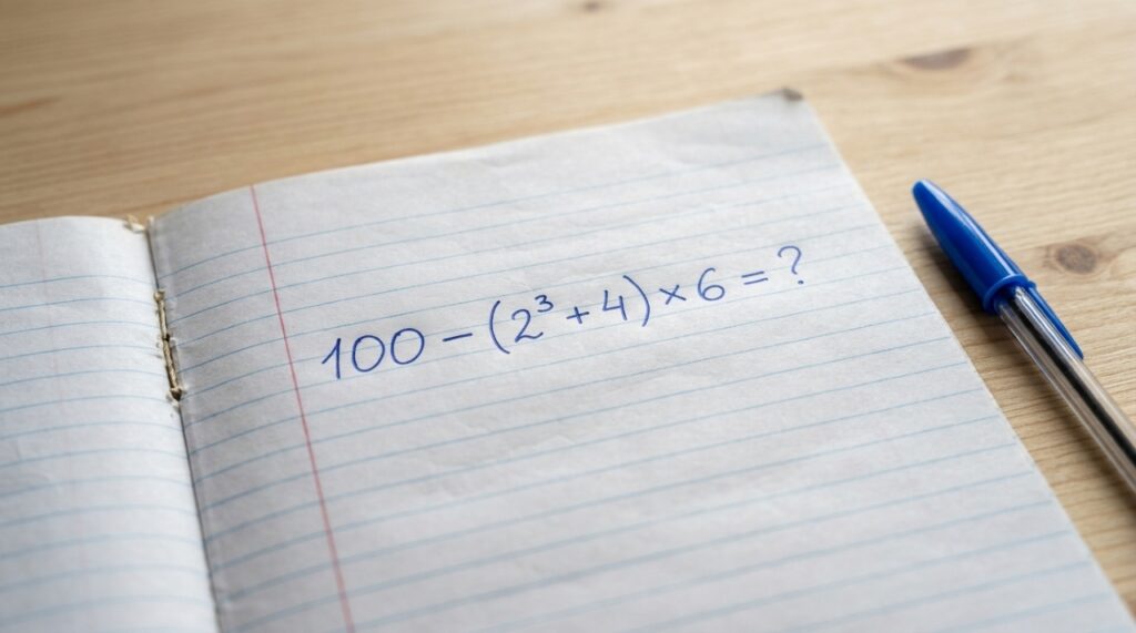 Caderno escolar aberto com a expressão matemática 100 − (2³ + 4) × 6 = ? escrita em caneta azul, acompanhado de uma caneta sobre mesa de madeira. - Imagem ilustrativa criada por inteligência artificial