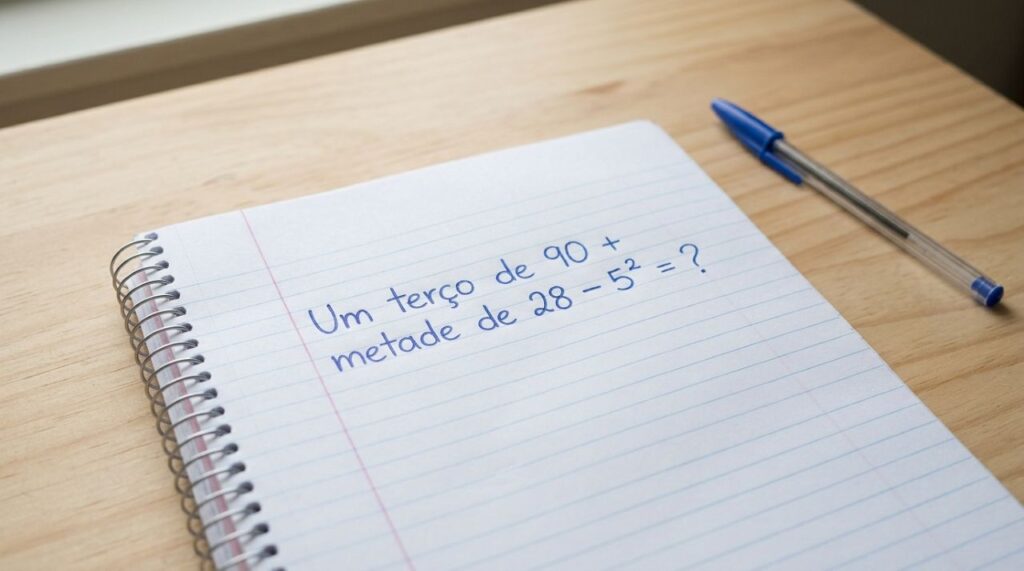 Um terço de 90 + metade de 28 − 5² parece fácil, mas exige três habilidades que aprendemos na escola