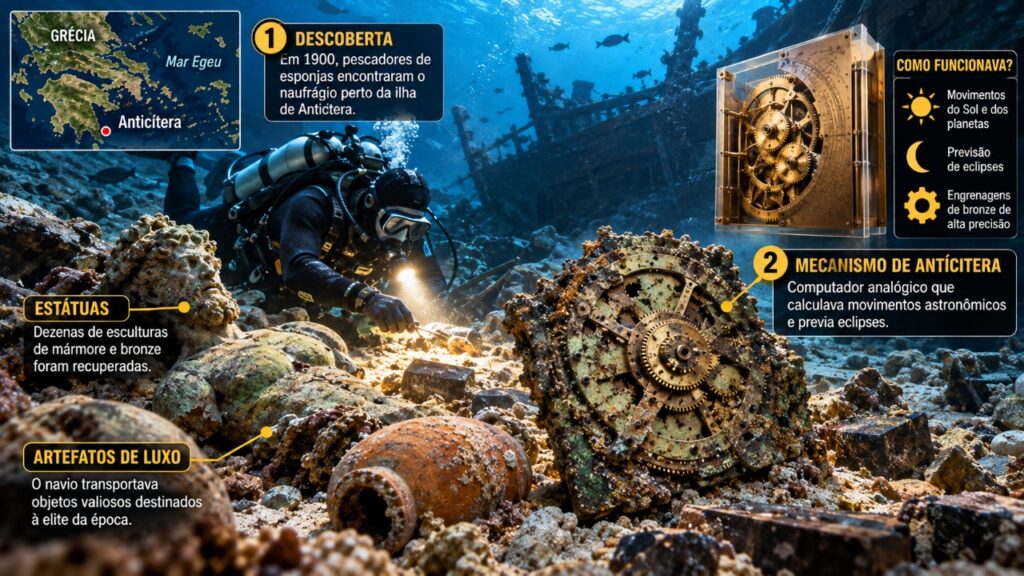O naufrágio do Antikythera escondia estátuas, objetos de luxo e um mecanismo de engrenagens que revelou o nível de conhecimento técnico alcançado pelos gregos antigos
