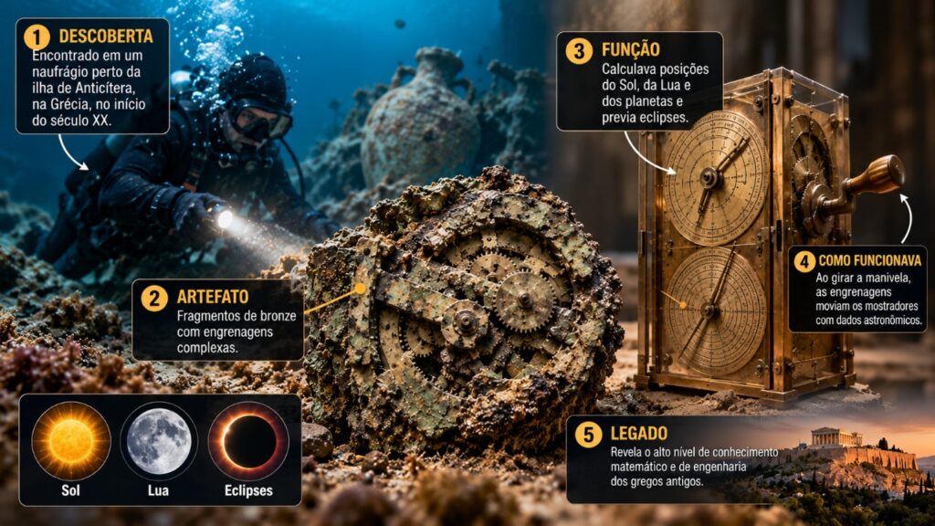 O mecanismo de Anticítera, encontrado em um antigo naufrágio grego, utilizava engrenagens para acompanhar ciclos astronômicos há mais de dois mil anos