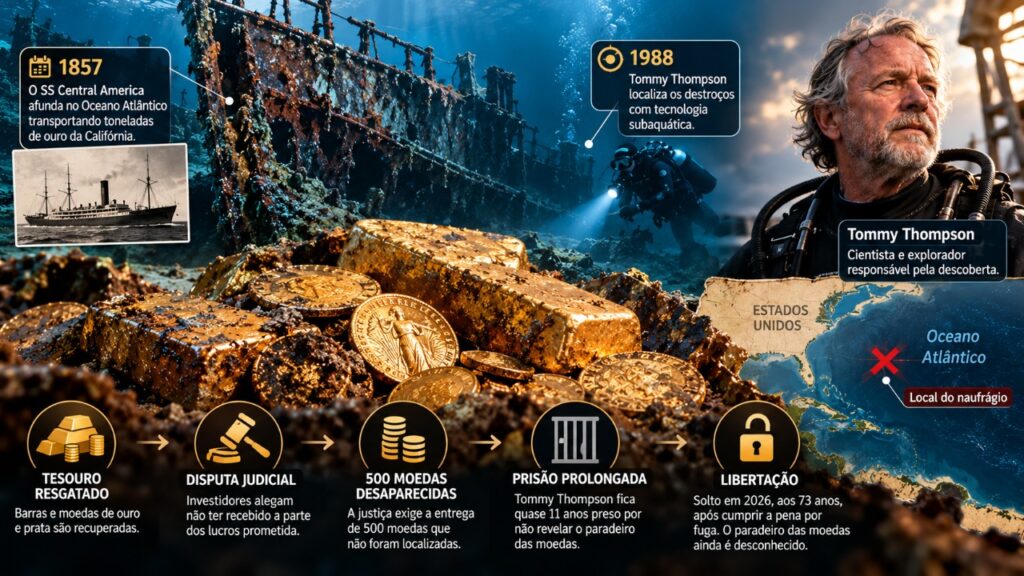 Ele encontrou um navio naufragado com milhões de dólares em ouro, mas passou quase 11 anos preso e foi libertado sem revelar onde estão as 500 moedas desaparecidas que transformaram sua descoberta histórica em um mistério judicial