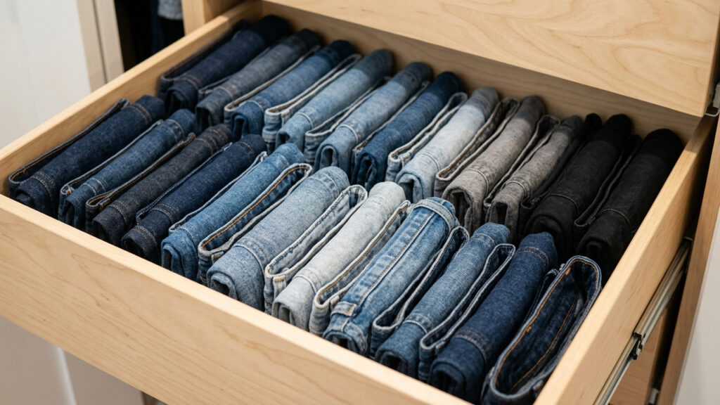 O segredo das camareiras de hotel para dobrar calças jeans em pilhas verticais que economizam espaço e nunca desmancham no armário