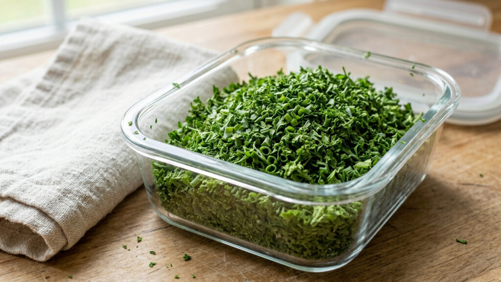 O truque caseiro para congelar cheiro-verde e salsinha picados sem que as folhas fiquem escuras ou queimadas pelo gelo no freezer