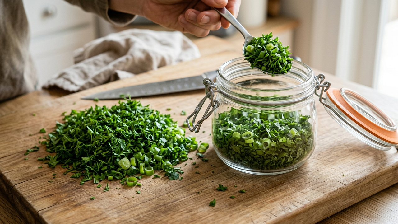 O truque caseiro para congelar cheiro-verde e salsinha picados sem que as folhas fiquem escuras ou queimadas pelo gelo no freezer