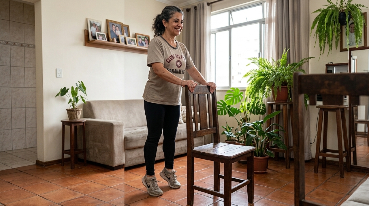 Adulto acima de 50 anos fazendo exercício de sentar e levantar de uma cadeira em casa para fortalecer as pernas. - - Imagem ilustrativa criada por inteligência artificial