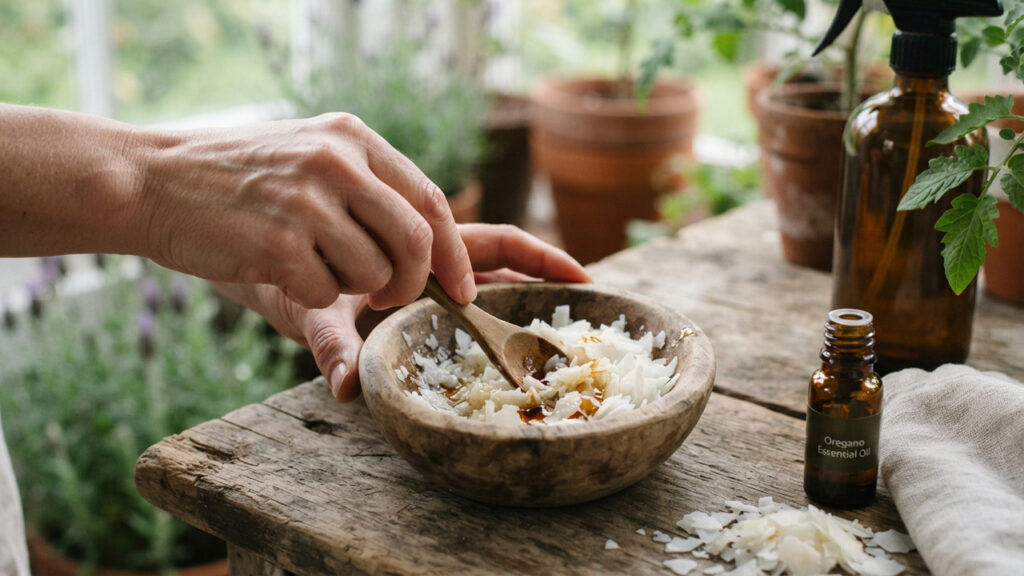 Pulverização de óleo de orégano com sabão de coco: a solução antifúngica potente para eliminar manchas de oídio em folhas de tomate e pimenta