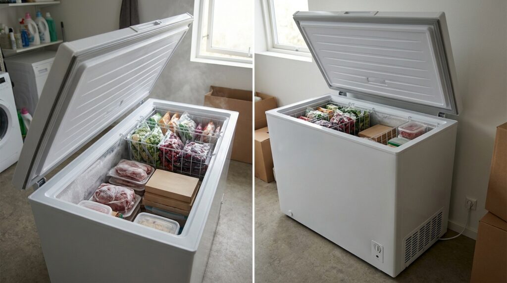 Família instala freezer horizontal de 300 litros para armazenar alimentos e descobre como a temperatura ambiente, a vedação da tampa e a frequência de abertura interferem no consumo de eletricidade